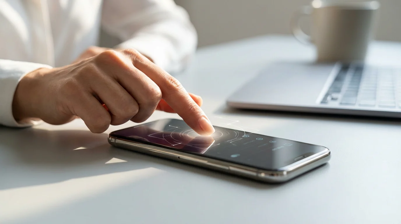 Close-up of a hand tapping a smartphone screen settings menu under natural window light.