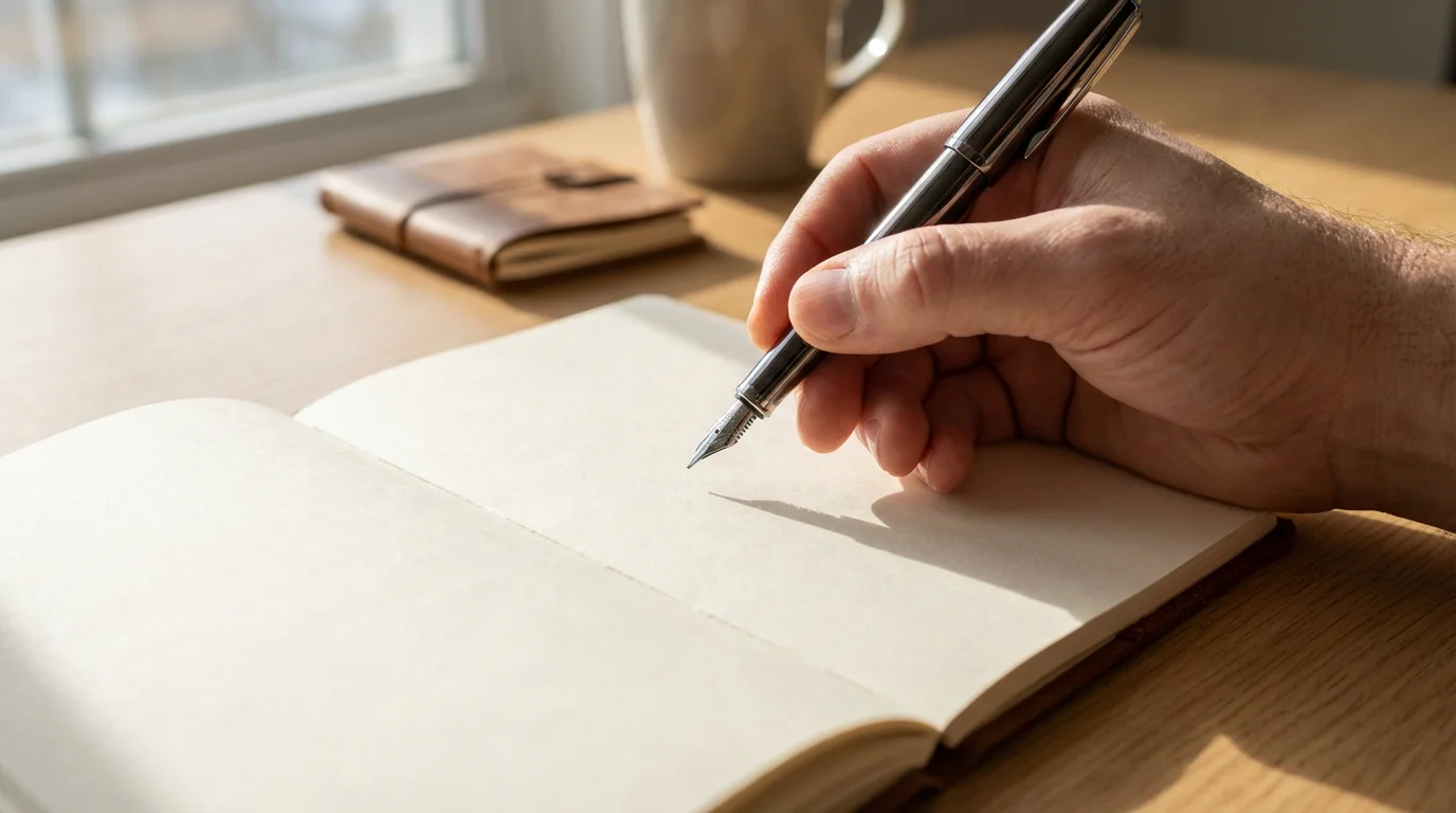 Close-up of a hand with a fountain pen poised over a blank journal, symbolizing the first focused action.