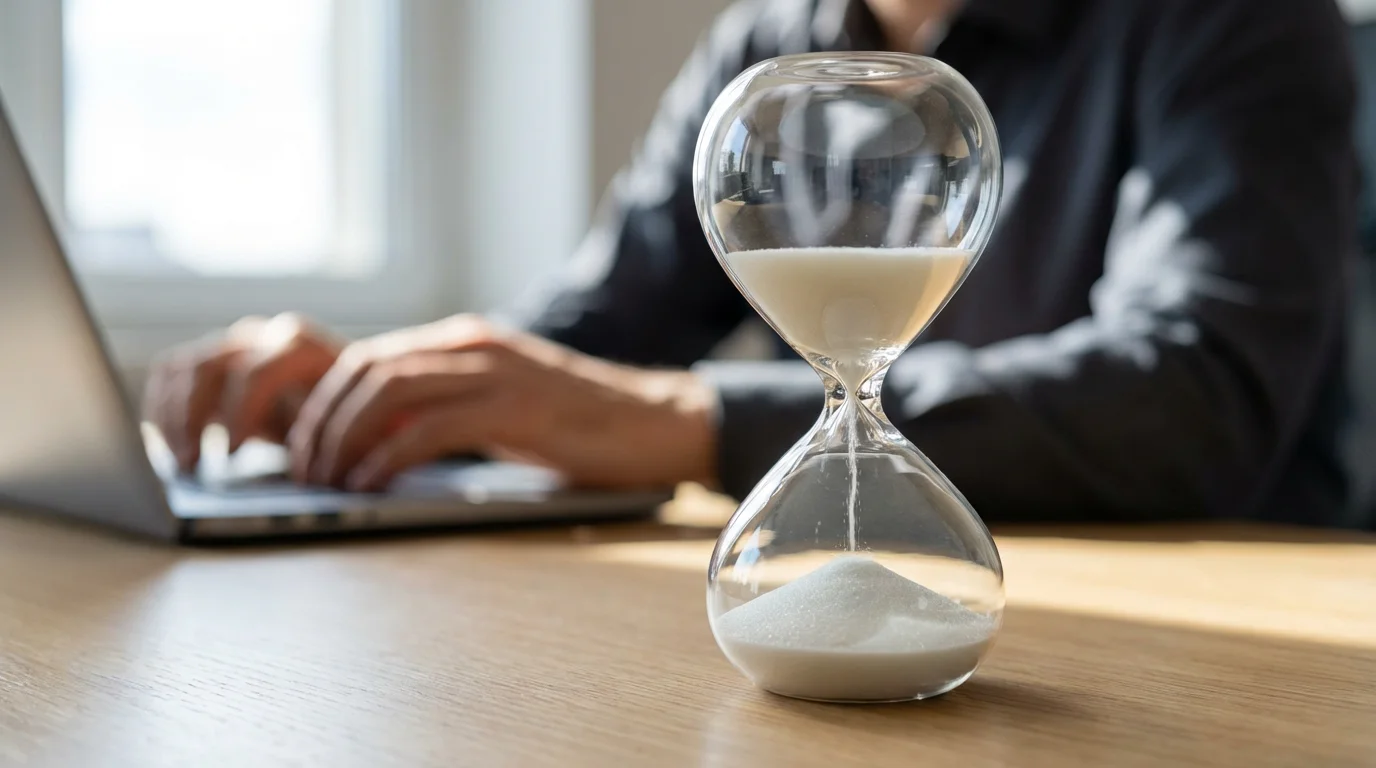 Close-up of a modern hourglass on a desk with natural light and a working professional.