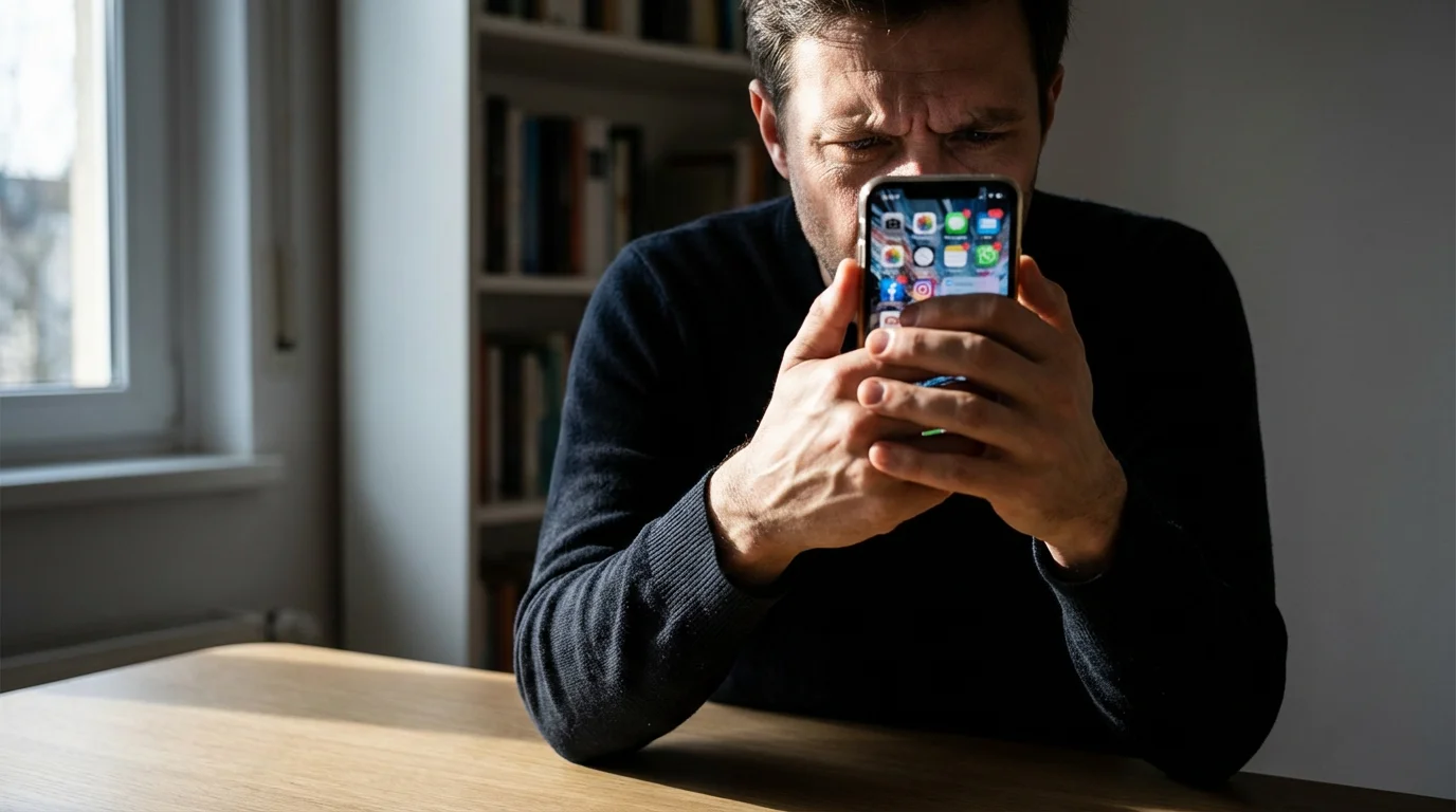 Close-up of a person compulsively scrolling a smartphone, illustrating digital overload and tech hoarding.