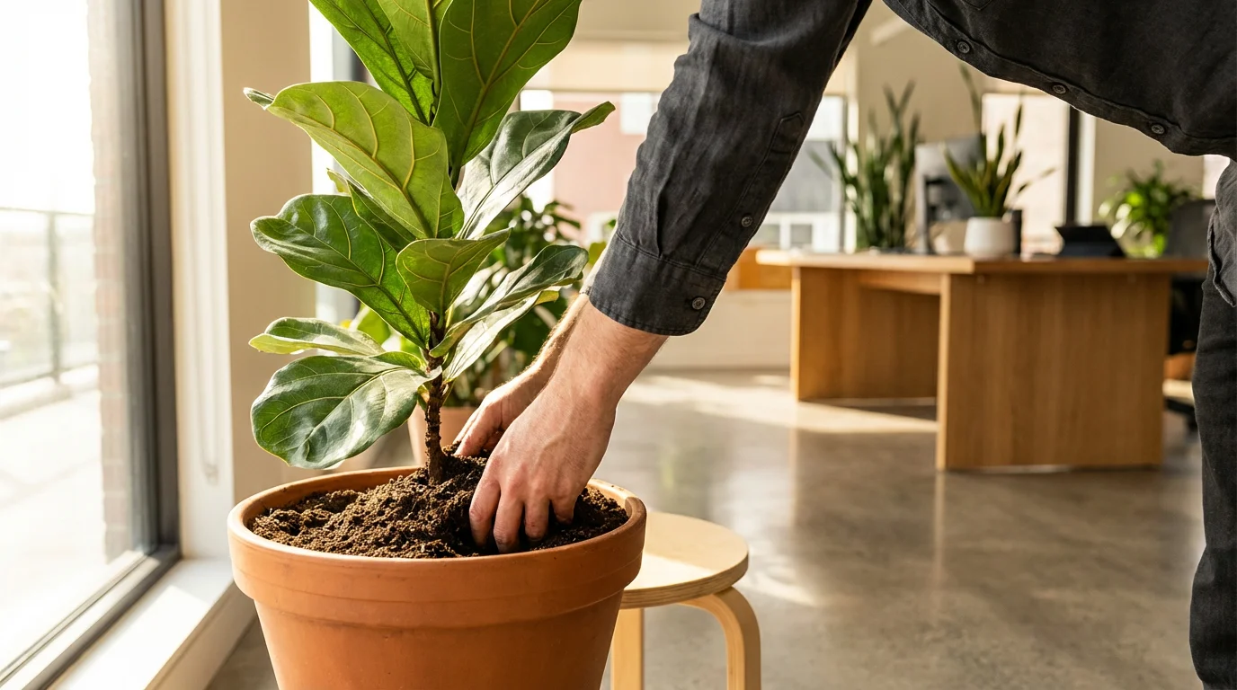Close-up of a person's hands tending an indoor plant, symbolizing a mindful, purposeful work break.