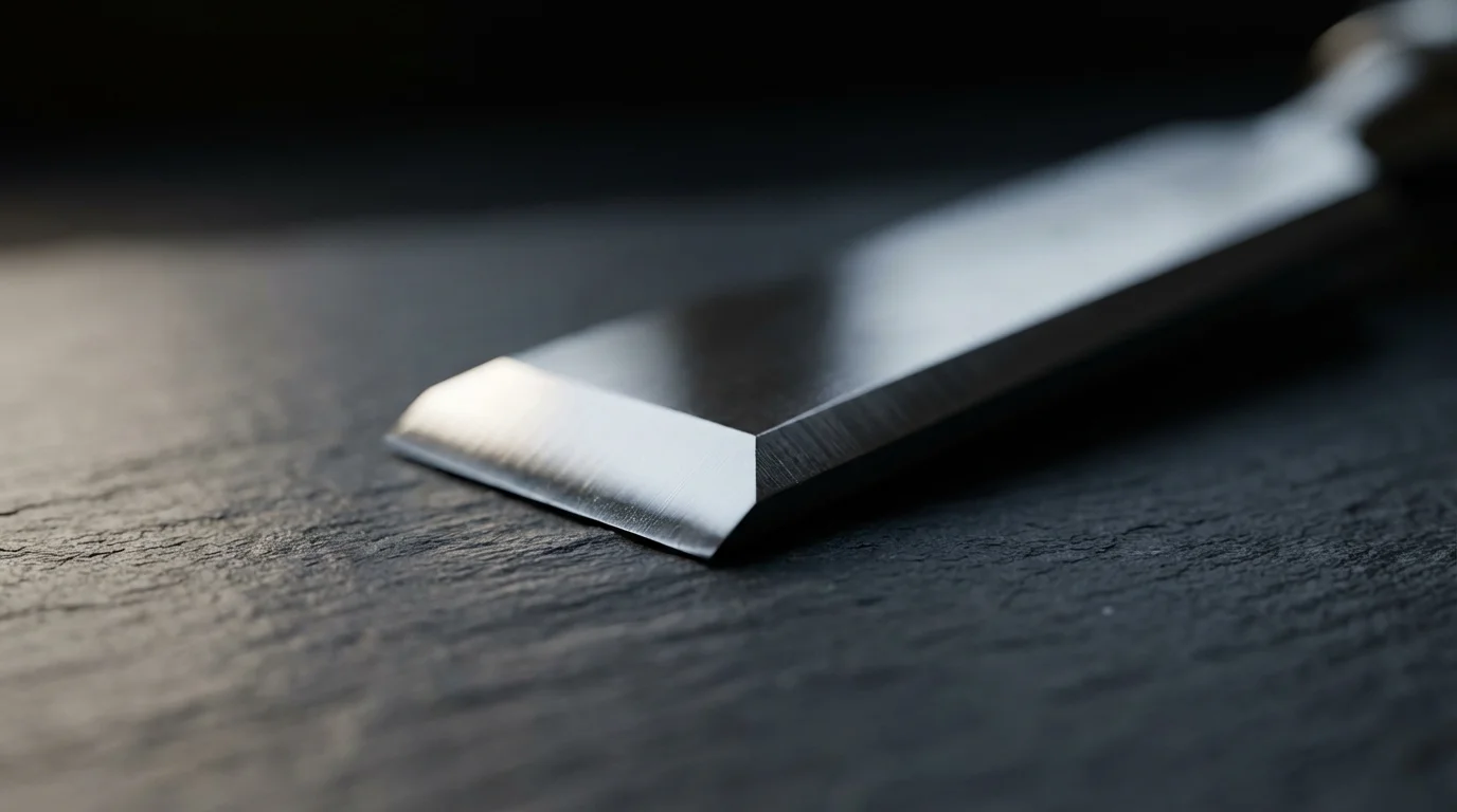 Close-up of a sharp steel chisel blade resting on dark slate, symbolizing precision and focus.