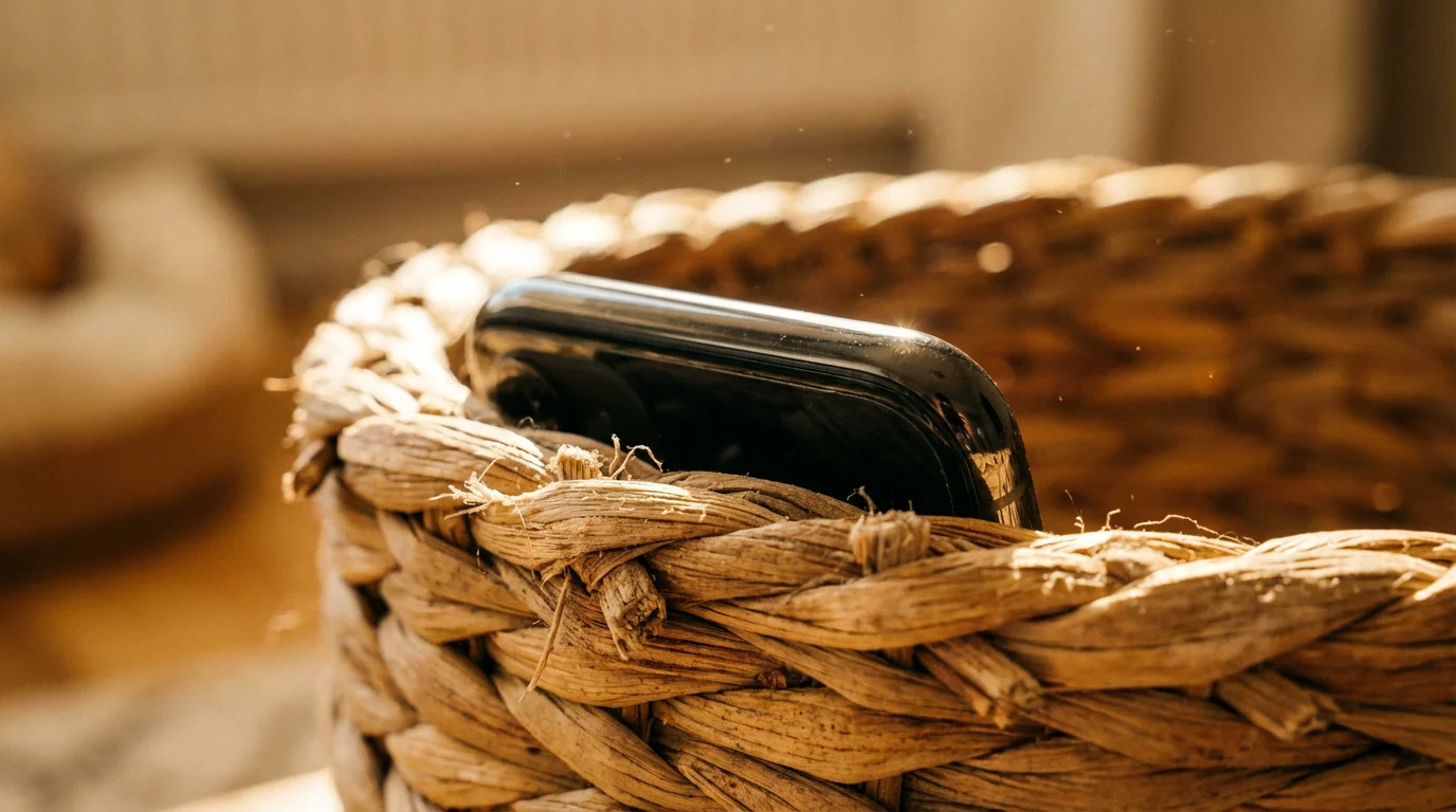 Close-up of a smartphone stored inside a woven basket during golden hour.