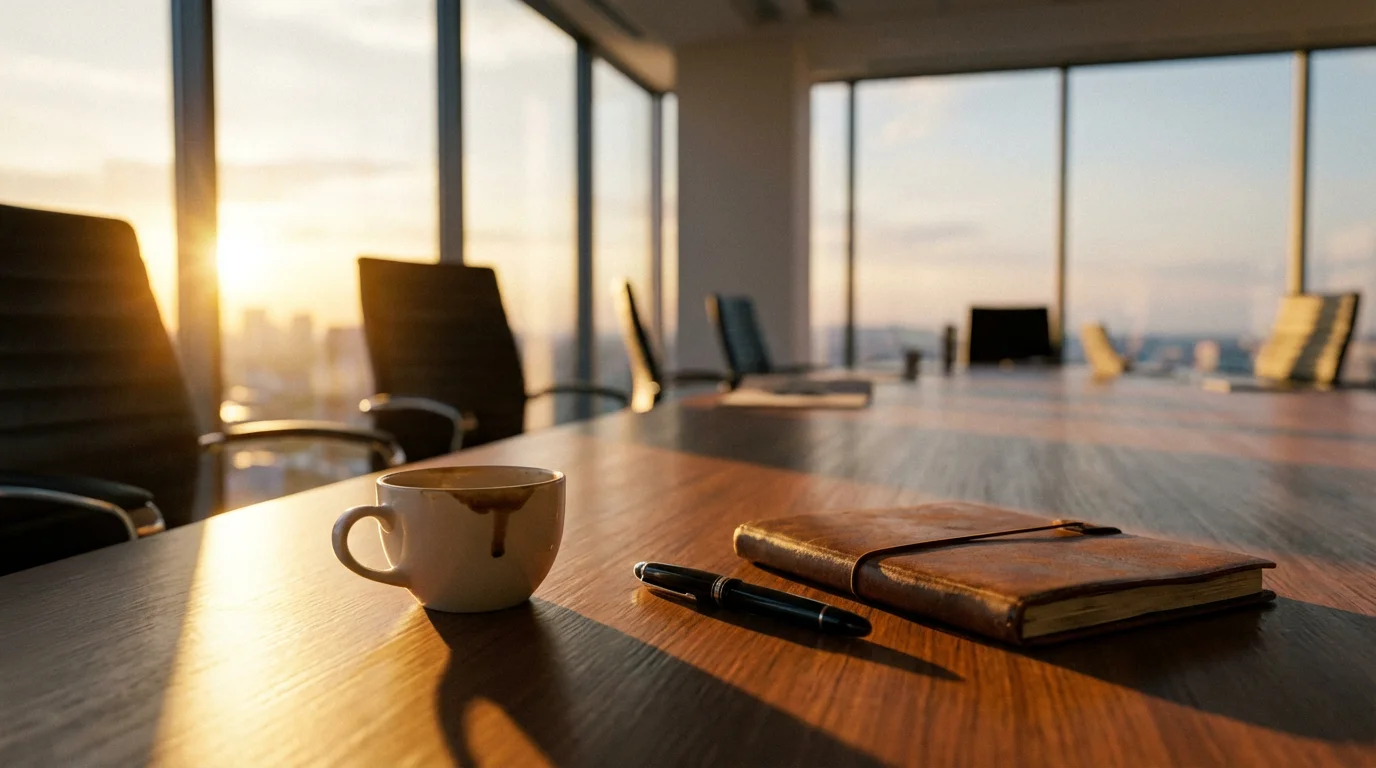Close-up of abandoned coffee cup and notebook on conference table during golden hour.