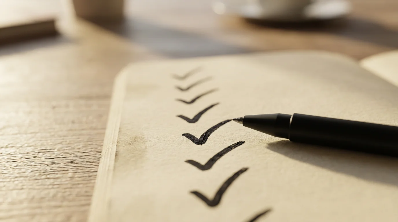 Close-up of checkmarks on a journal page with a pen in soft morning light.