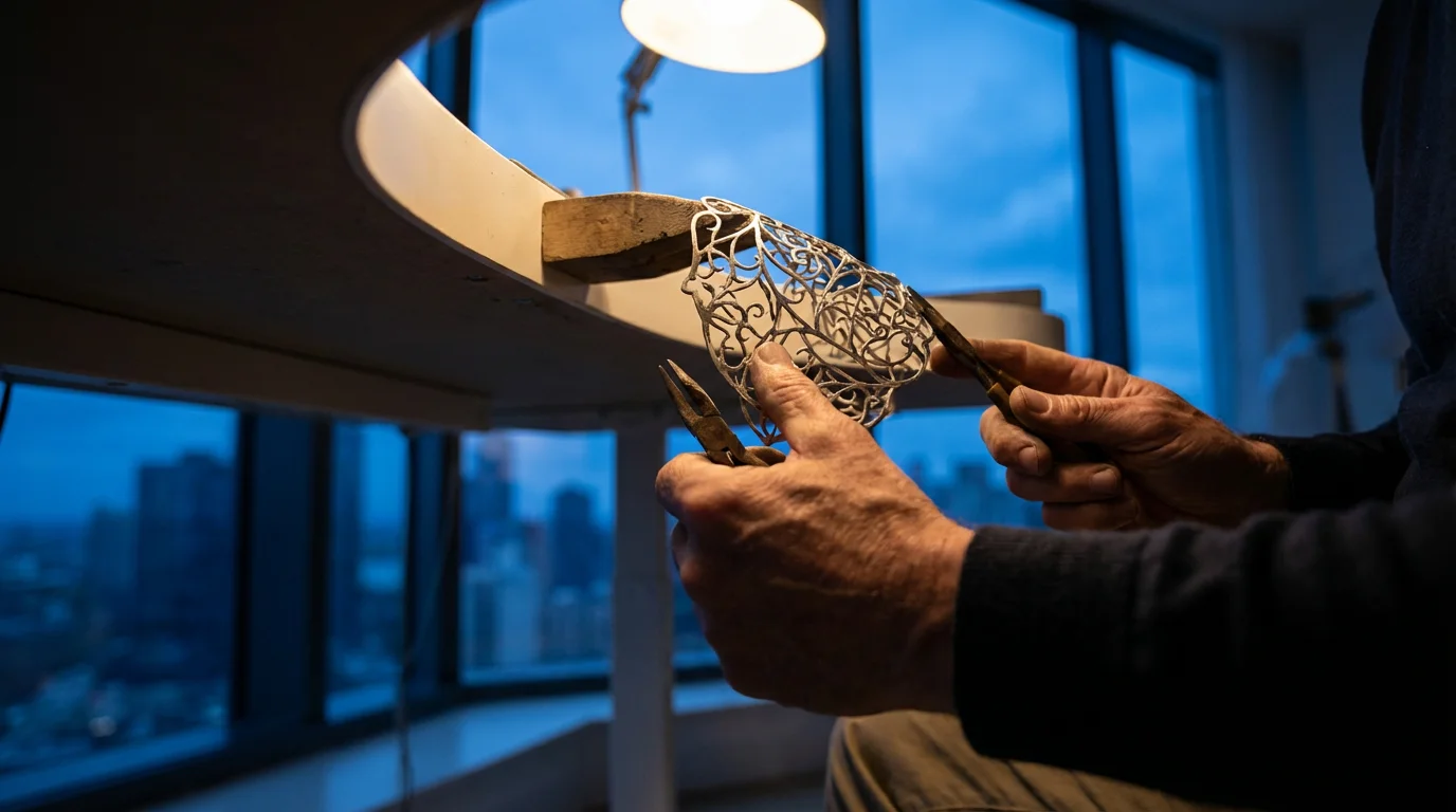 Close-up of focused hands sculpting fine metalwork under cool blue hour lighting.