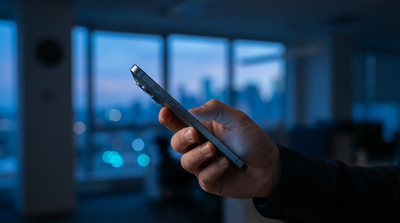 Close-up of hand adjusting smartphone side button against a blue hour city window background.