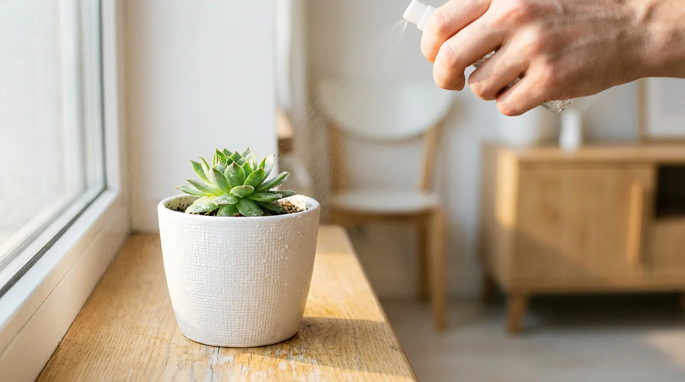 Close-up of hand misting a small plant in morning sunlight.