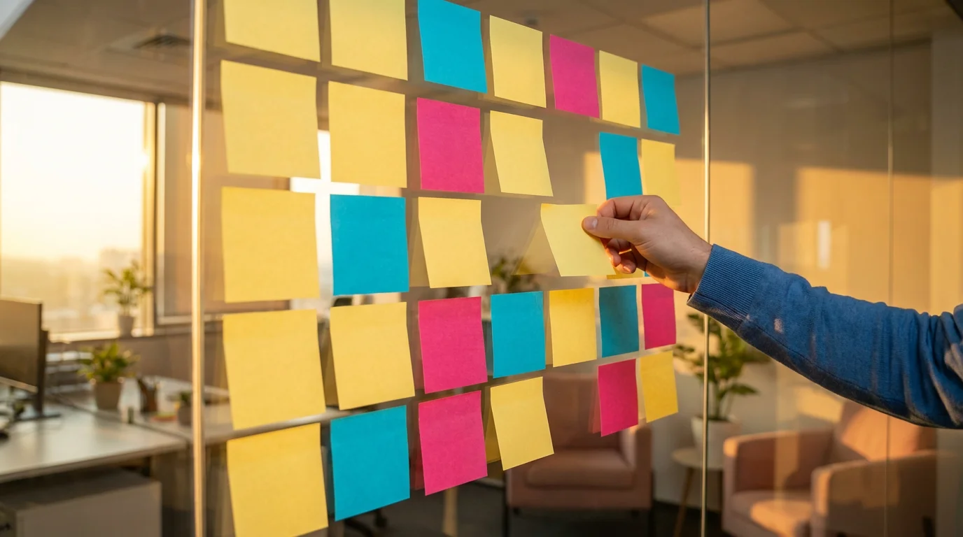 Close-up of hand placing blank sticky note on glass wall during golden hour office setting.
