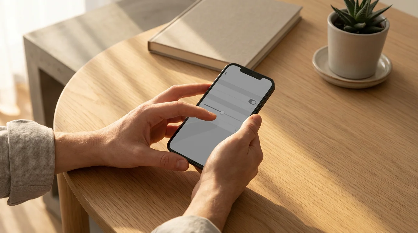 Close-up of hands adjusting smartphone settings in grayscale mode during golden hour on a wooden desk.