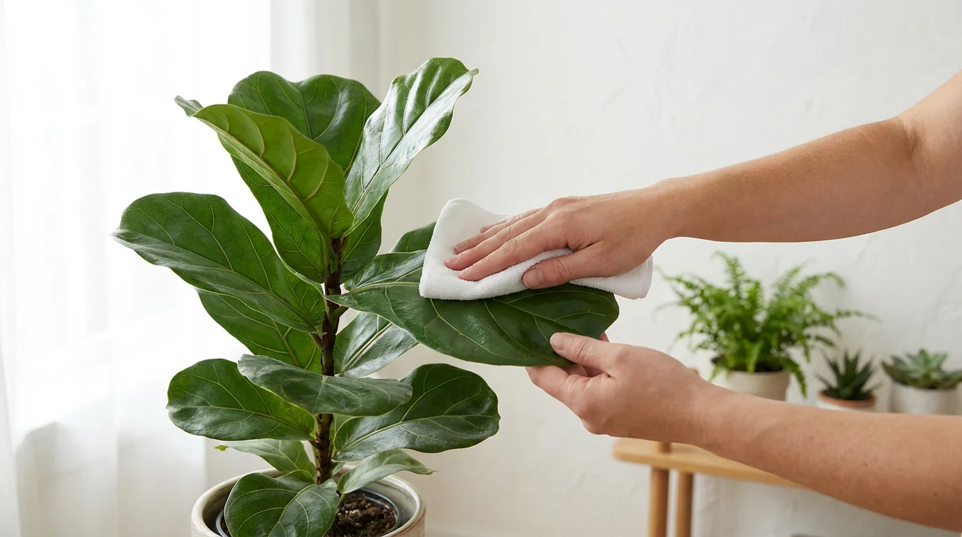 Close-up of hands carefully wiping the leaf of a healthy indoor plant.