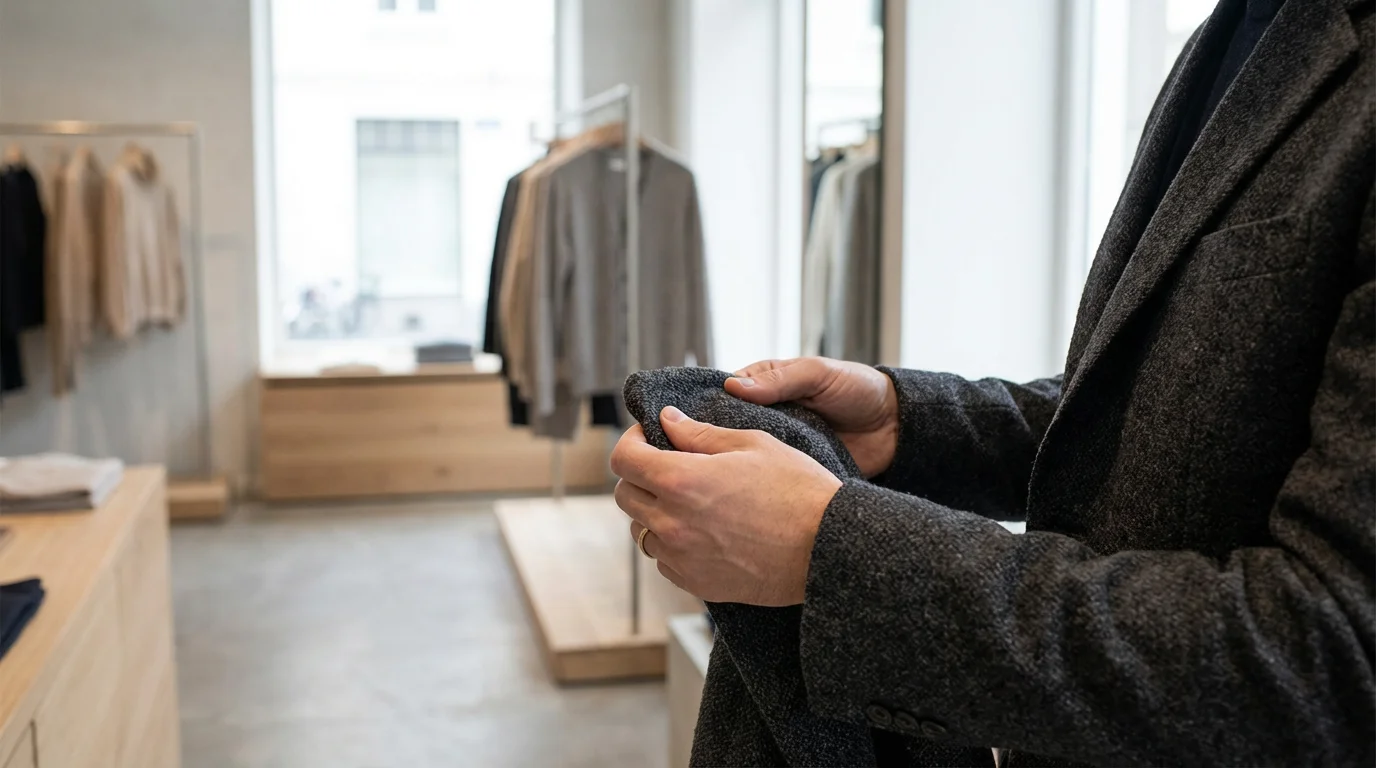 Close-up of hands examining fabric quality of a blazer in a minimalist boutique.