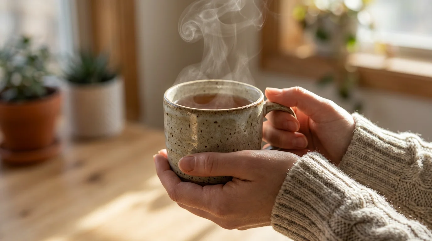 Close-up of hands holding a hot ceramic mug in natural window light.