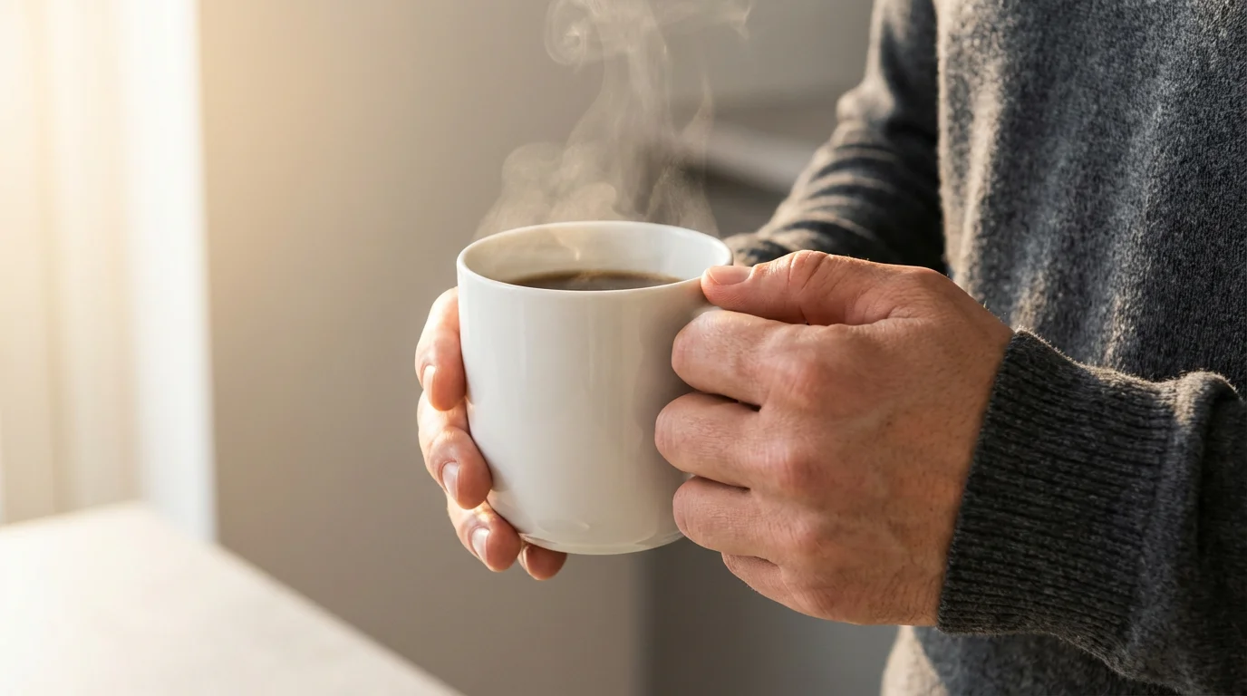 Close-up of hands mindfully holding a warm steaming ceramic mug in soft morning light.