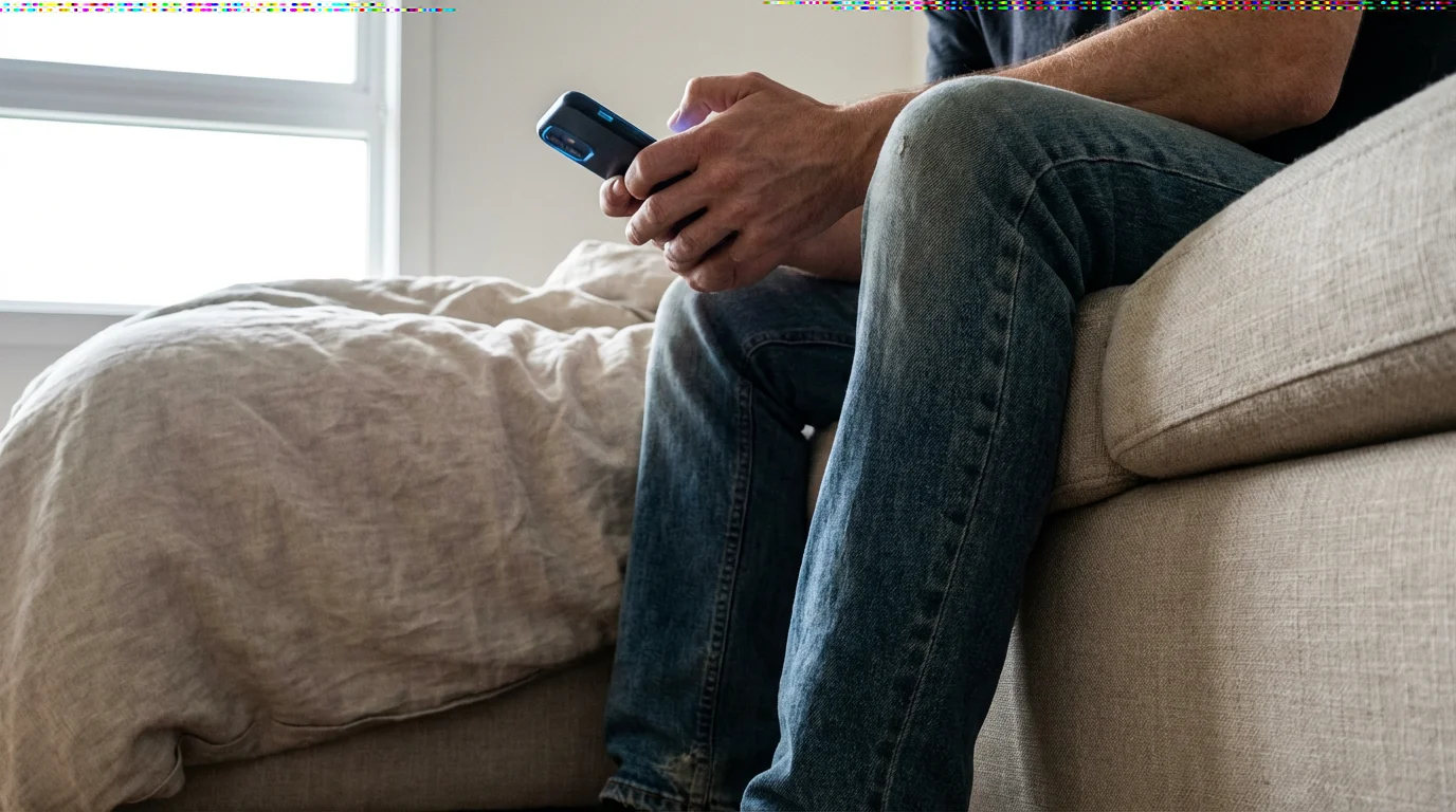 Close-up of hands mindlessly scrolling a smartphone on a sofa, captured in soft morning light.