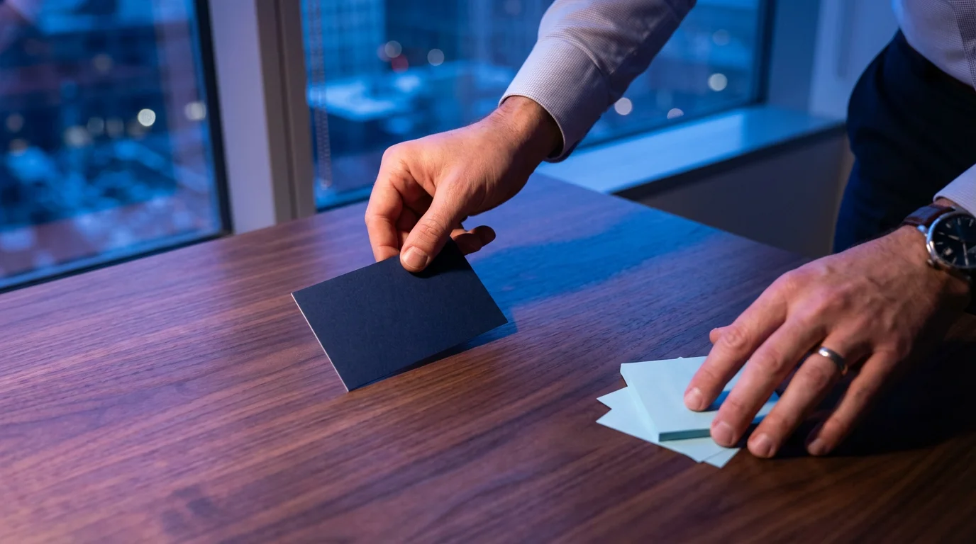 Close-up of hands prioritizing tasks on a desk, isolating Deep Work during Blue Hour.