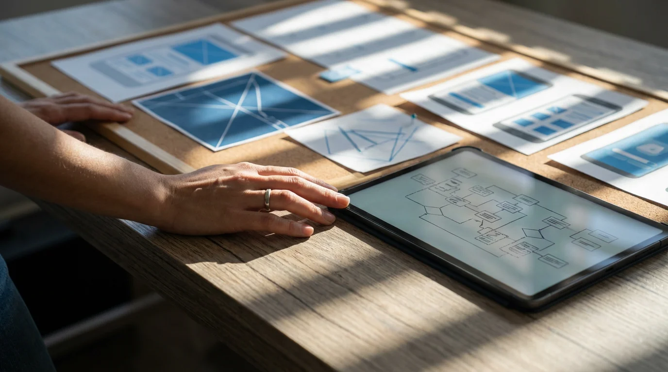 Close-up of hands resting near a vision board displaying abstract UX design goals and shadows.