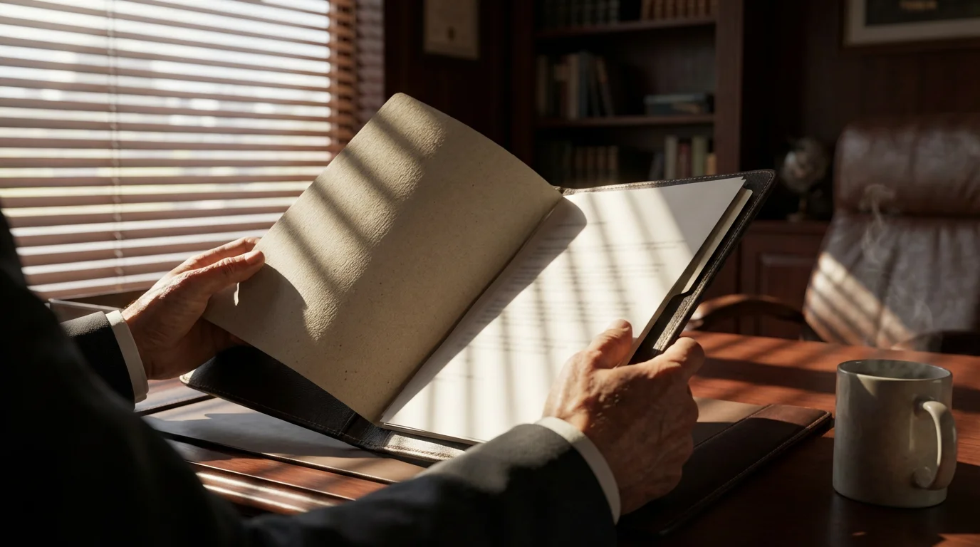 Close-up of hands reviewing a document folder on a desk in moody afternoon lighting