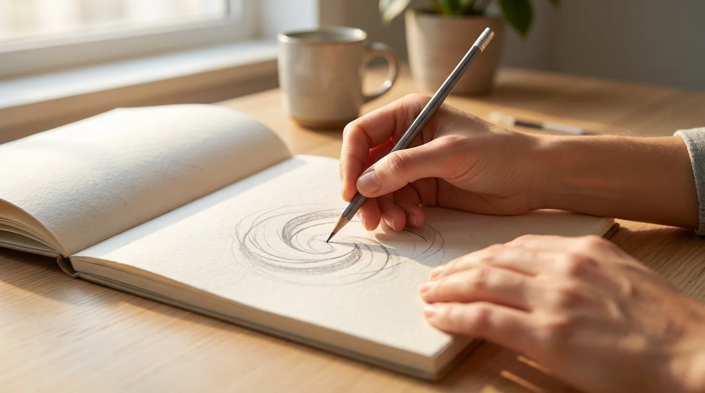 Close up of hands sketching with a pencil on paper in soft morning light, emphasizing tactile activity.