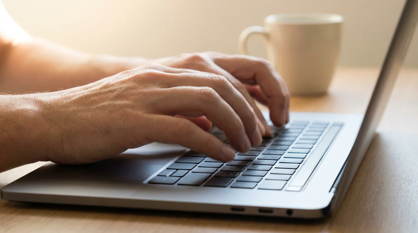 Close-up of hands typing on a laptop keyboard in a sunlit home office.