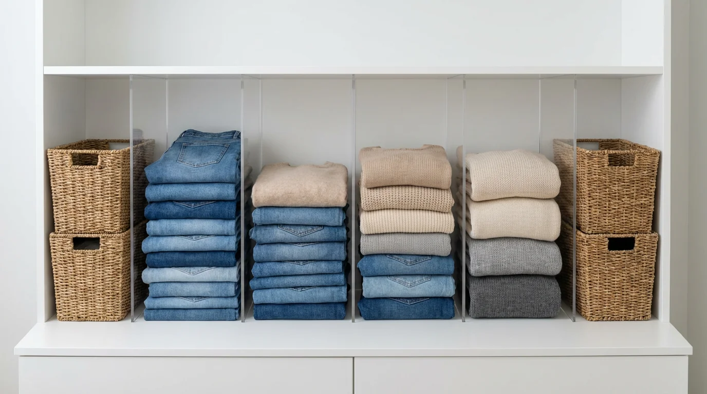Close up of organized closet shelf with acrylic dividers and woven storage baskets.