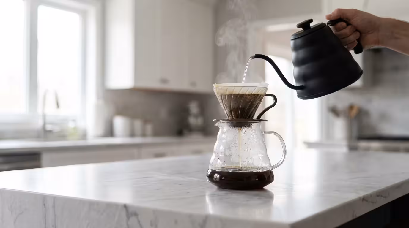 Close-up of pour-over coffee brewing in a modern kitchen representing daily routines.