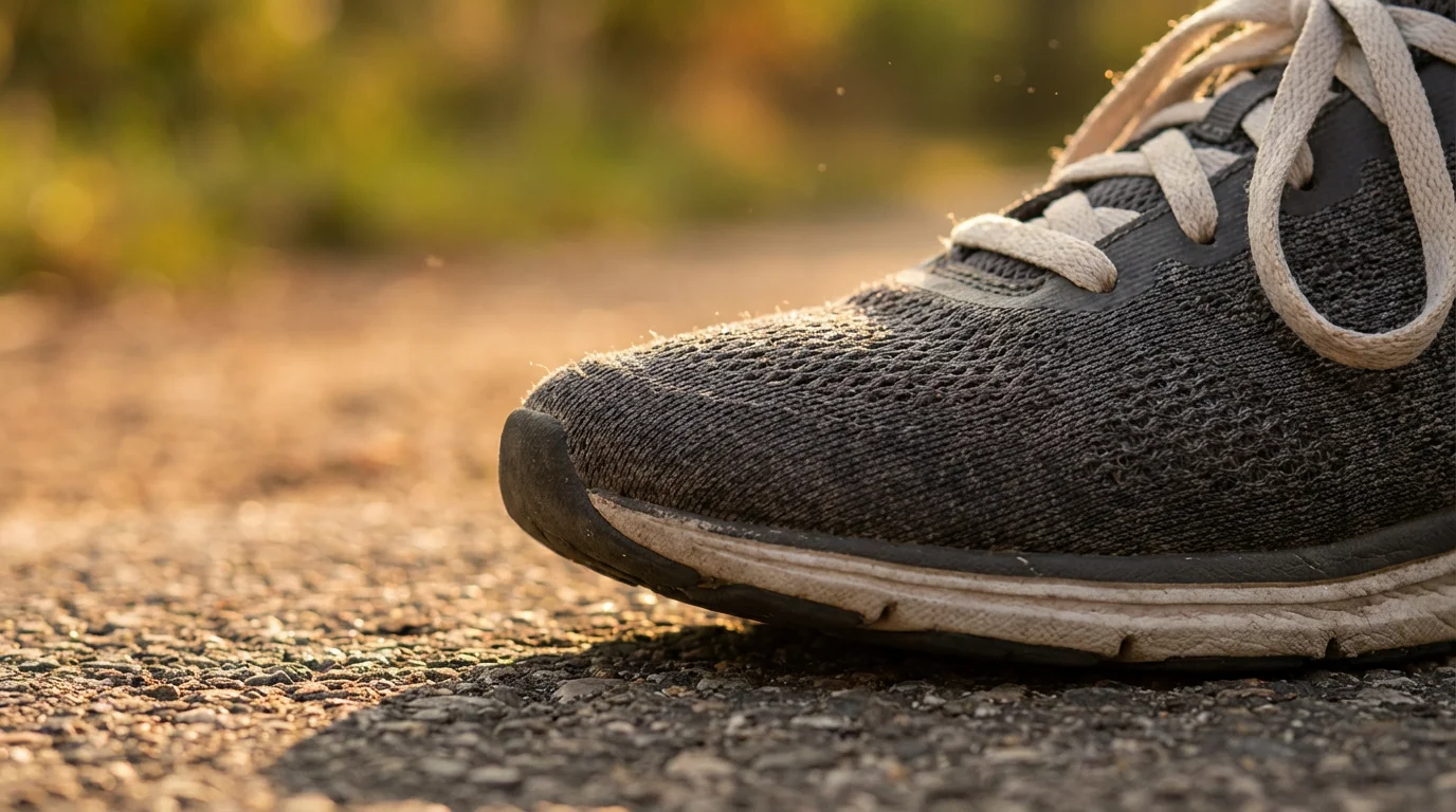 Close-up of running shoe on pavement during golden hour representing movement breaks