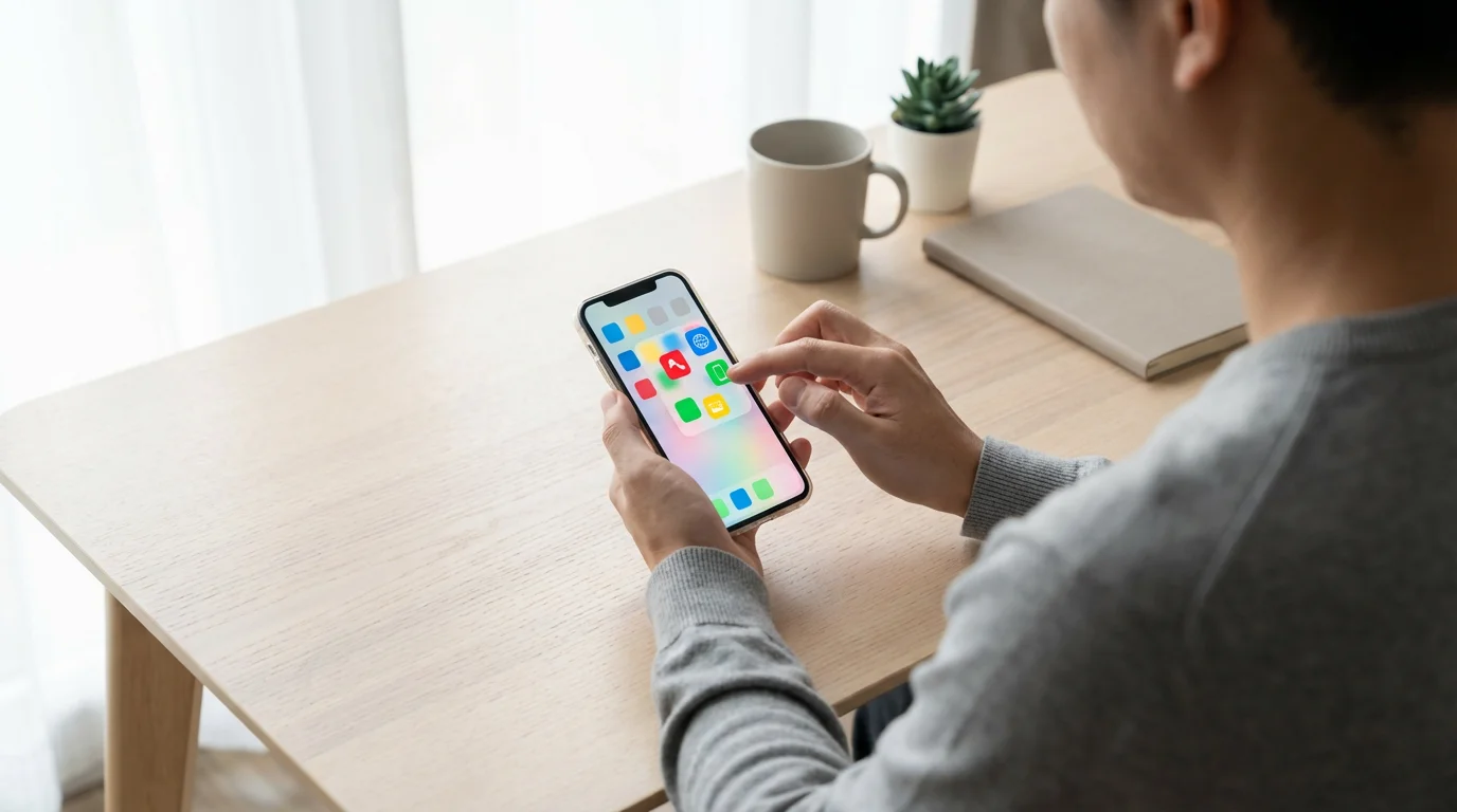 Close-up, over-the-shoulder photo of a person rearranging app icons on their smartphone home screen.