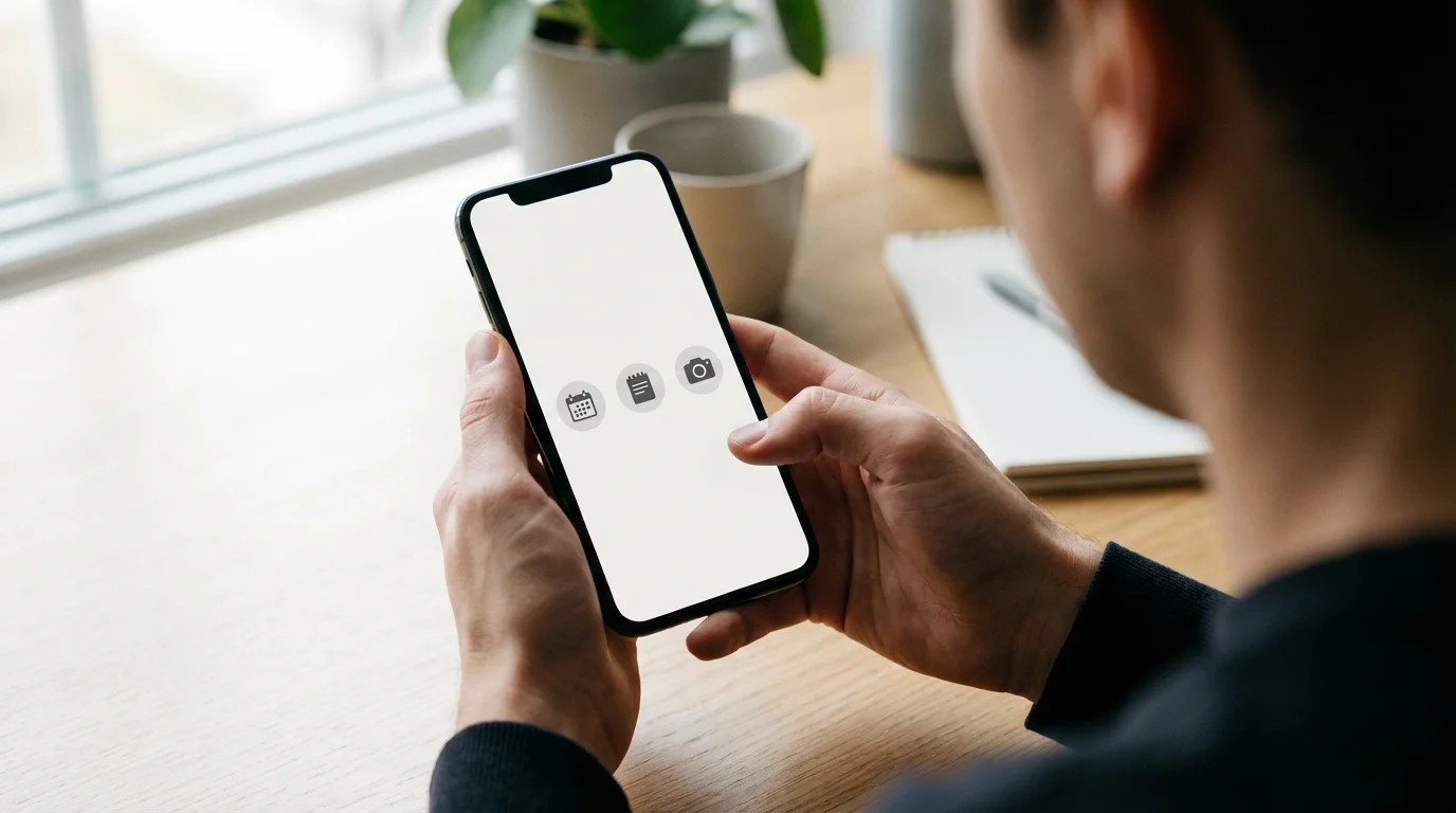 Close-up, over-the-shoulder shot of hands organizing a minimalist smartphone home screen.