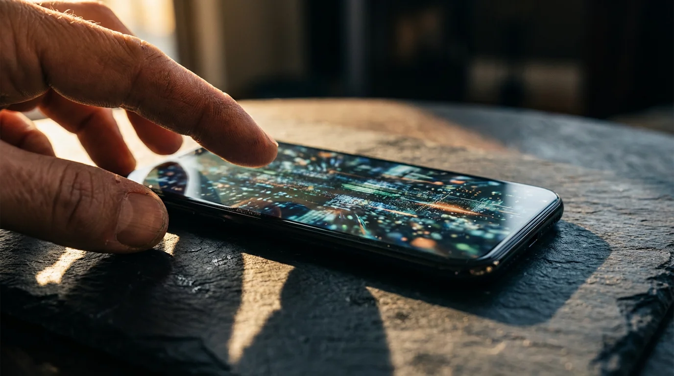 Close-up photo of a hand triaging overwhelming phone notifications with dramatic shadows.