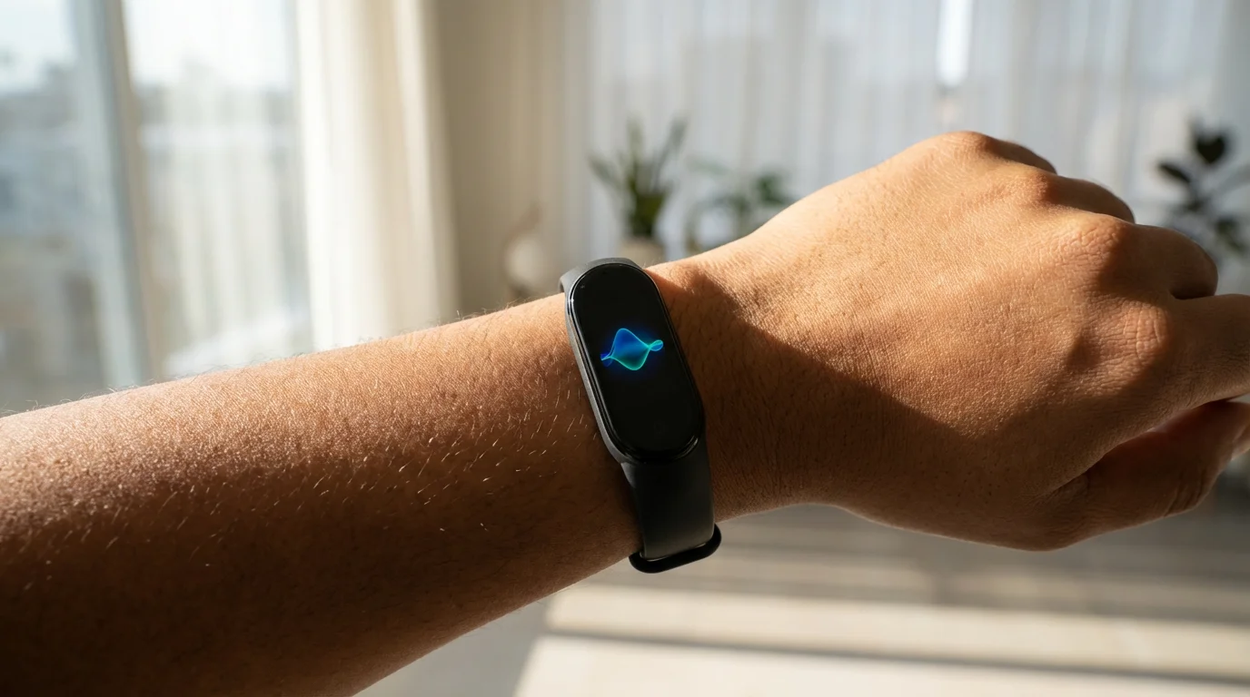 Close-up photo of a wrist wearing a minimalist fitness tracker monitoring recovery data under soft window light.