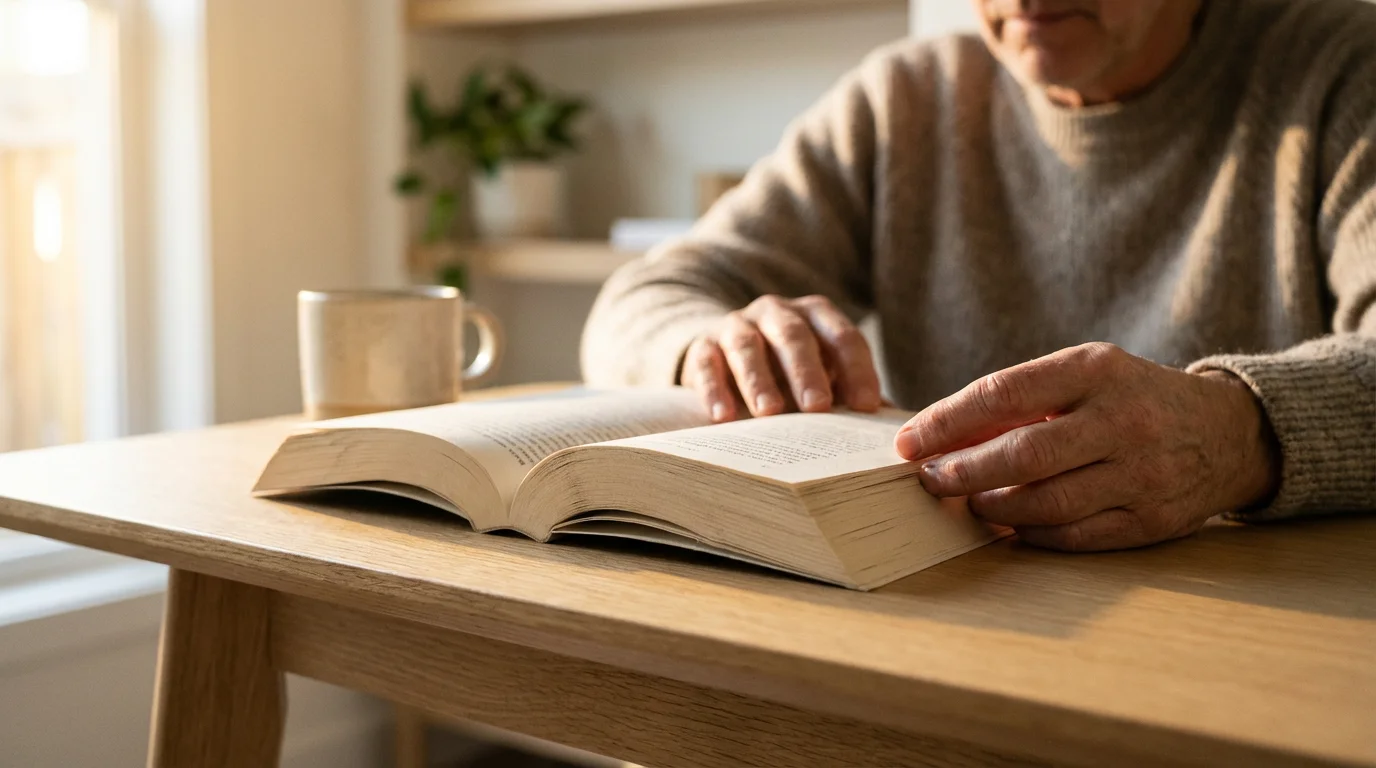 Close-up photo of hands holding an open physical book, immersed in reading during soft morning light.