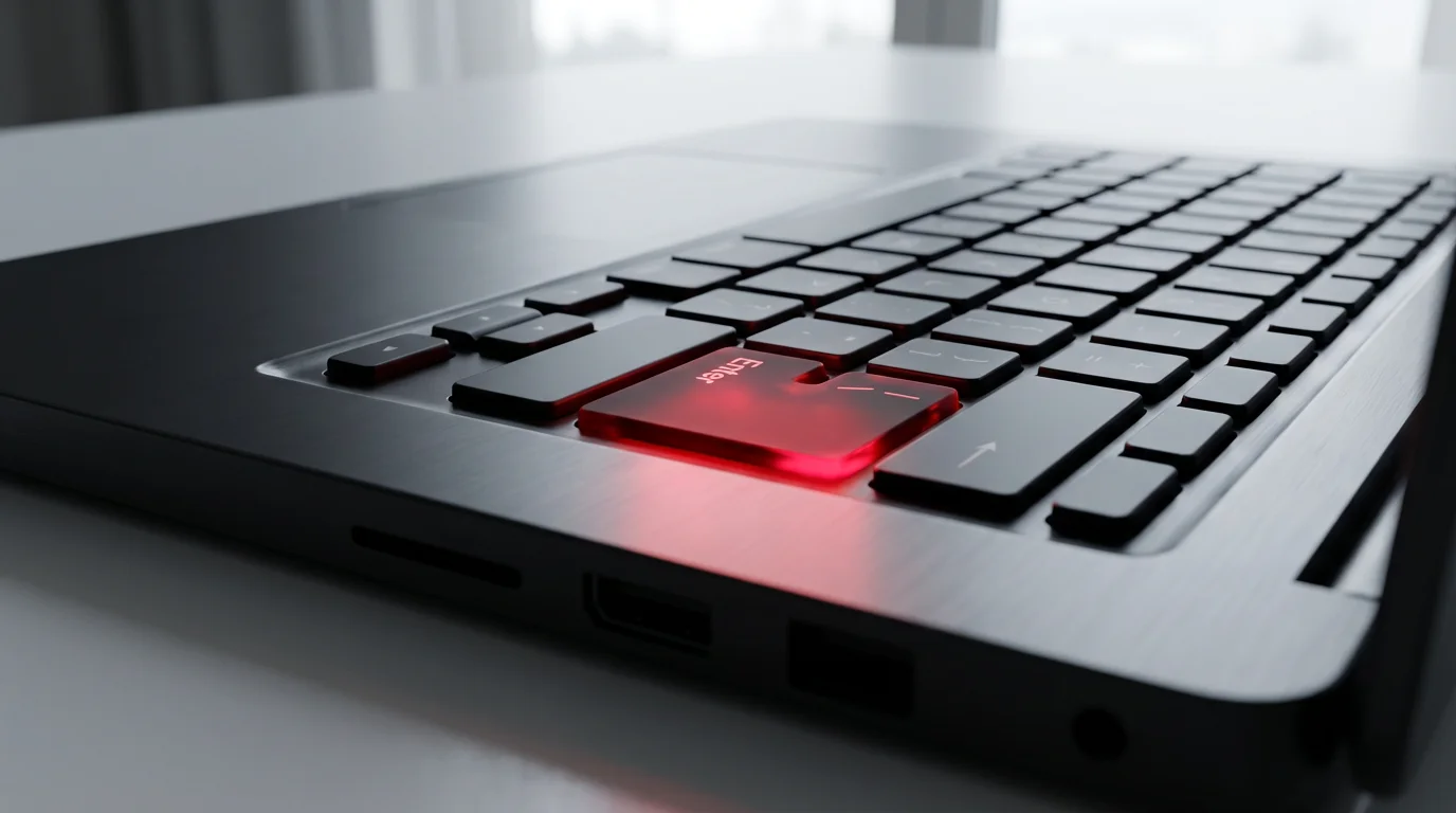 Close-up photograph of a dark laptop keyboard with the Enter key glowing red, symbolizing a digital brute-force attack.