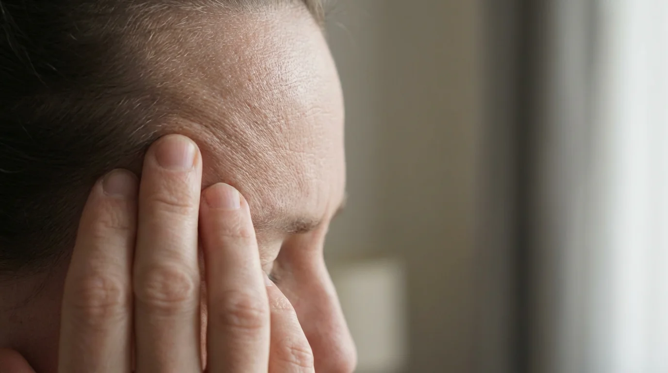 Close-up photograph of a person's hand touching their temple, emphasizing deep mental concentration.