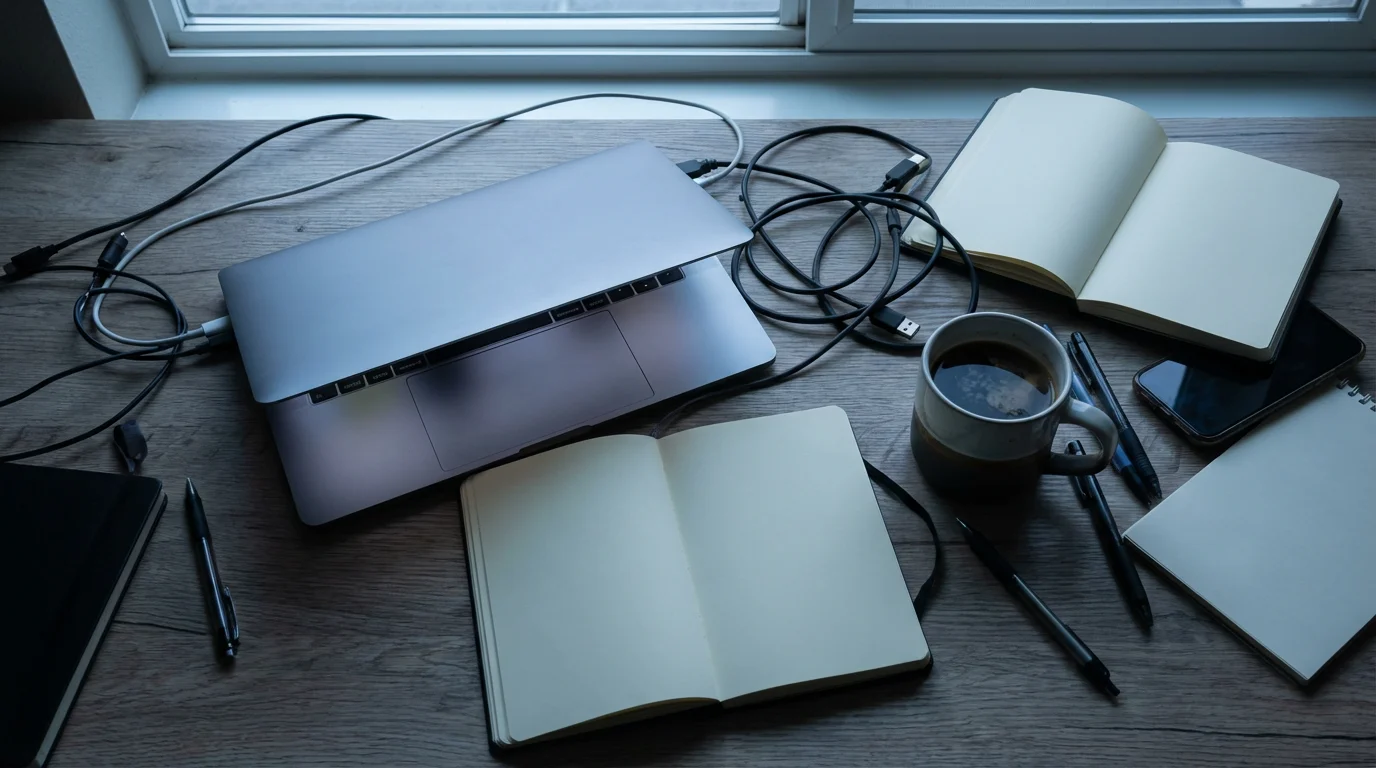 Cluttered desk flat lay at night representing work overload and lack of focus.
