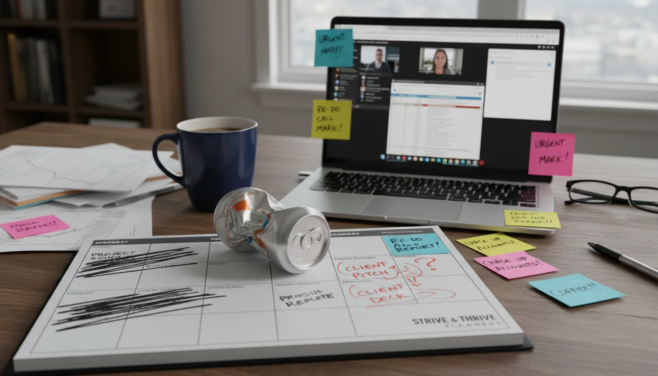 A cluttered desk with a partially abandoned weekly planner showing cross-outs, sticky notes, a coffee mug, and a laptop.