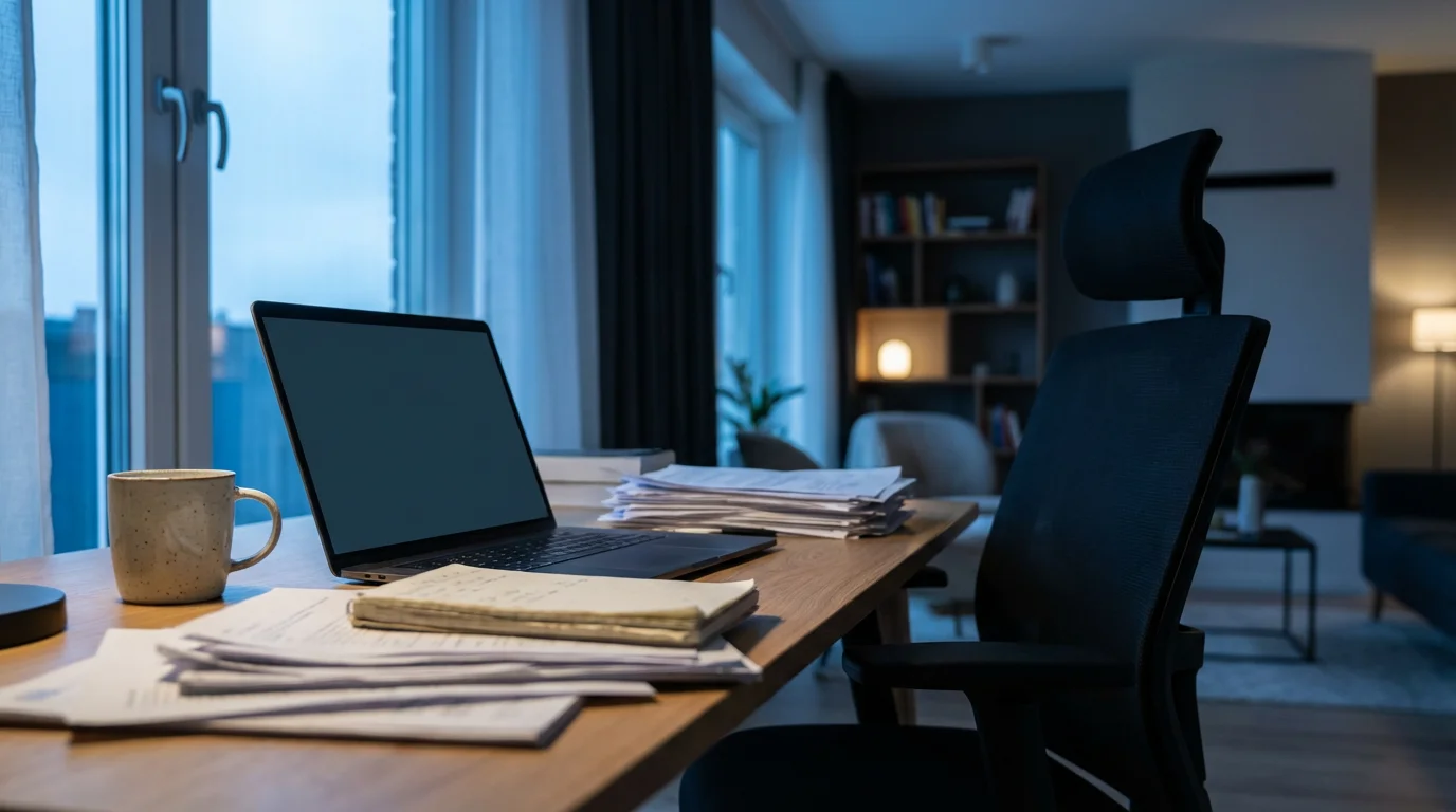 Cluttered home office desk with laptop and papers during cool blue hour evening lighting.