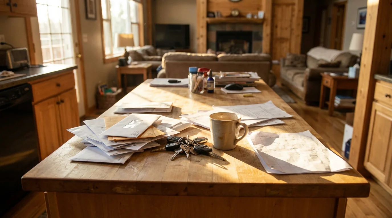 Kitchen counter piled with unopened mail and a set of keys in afternoon light