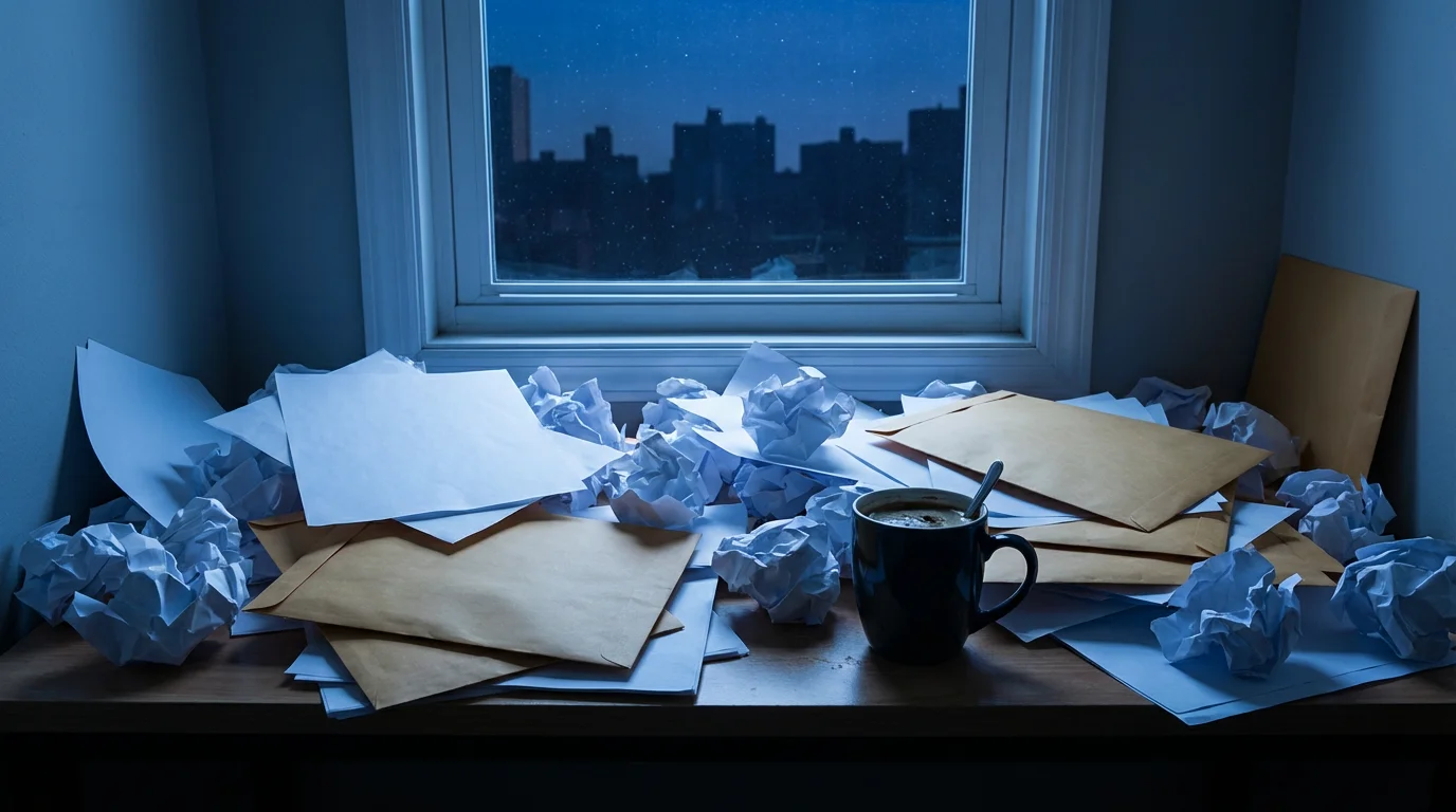 Cluttered office desk covered in stacks of paper and envelopes during the evening.