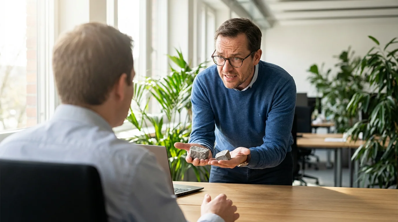 Colleague showing two identical stone samples in a bright office, illustrating trivial decision-making.