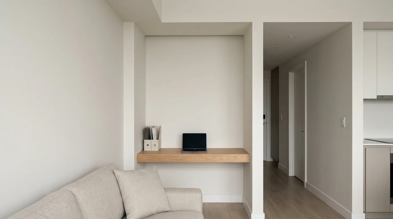 Compact, minimalist floating desk productivity corner integrated into a small apartment's living area niche.