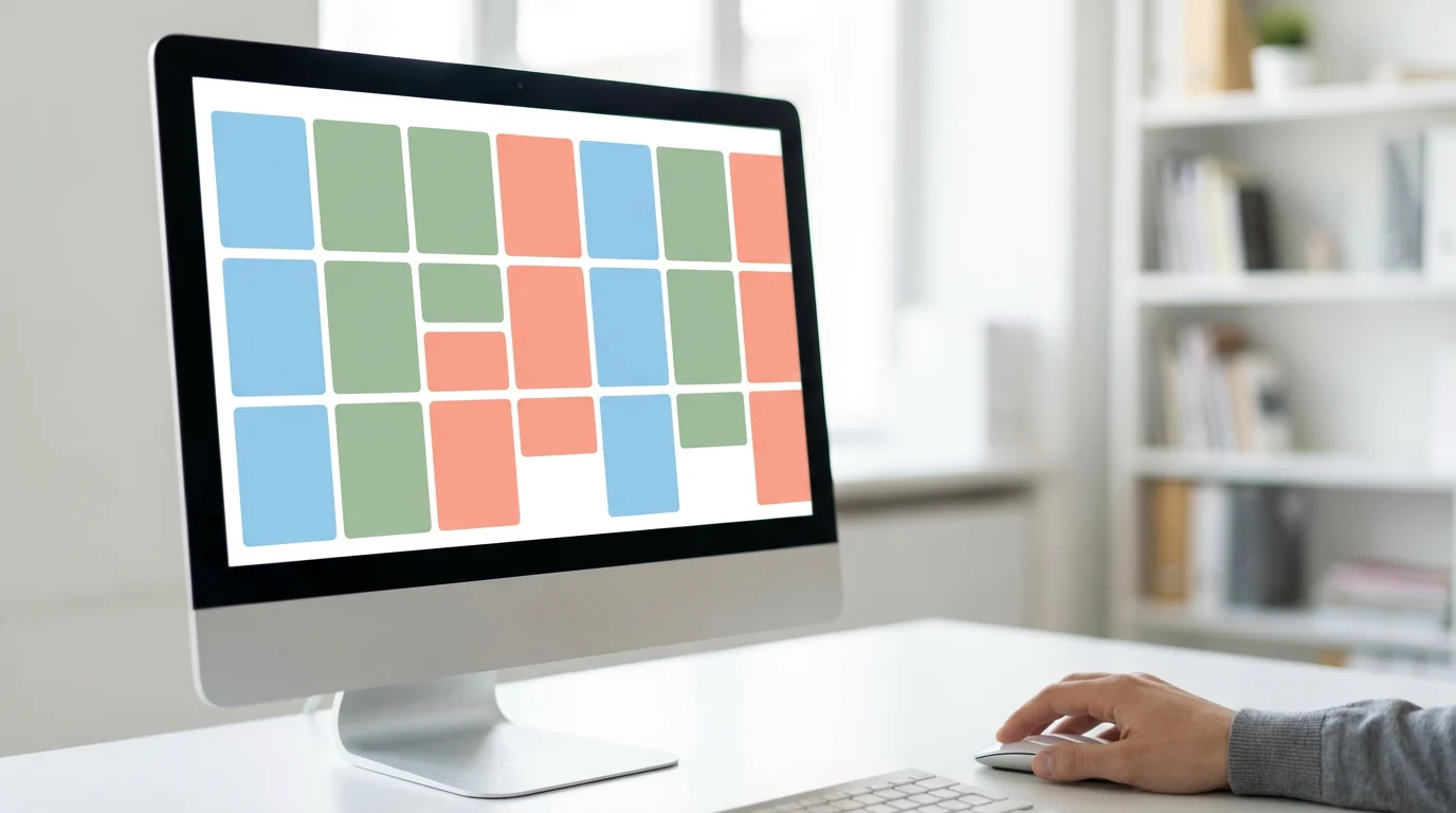 Computer monitor displaying abstract color-coded time blocks on a white desk workspace.