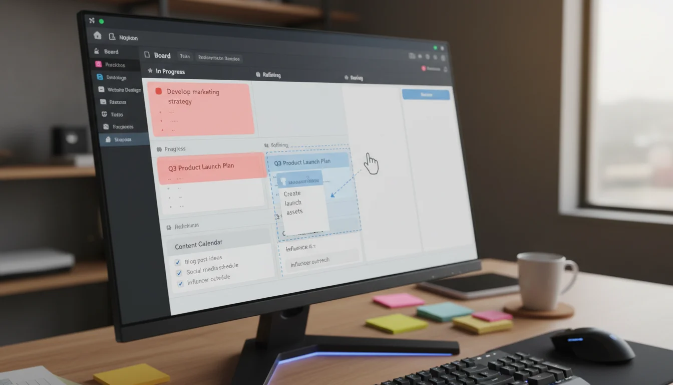 A close-up of a computer screen showing a Notion-style project dashboard. Some tasks are highlighted red for vagueness, others green for detailed acti