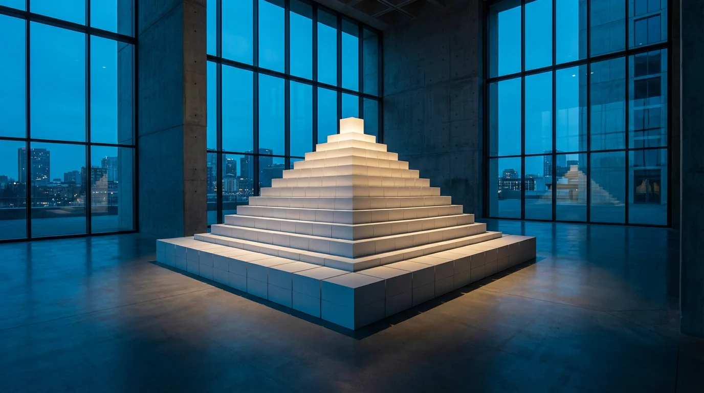 Conceptual pyramid sculpture of white blocks demonstrating cascading goal structure in a modern, cool blue hour setting.