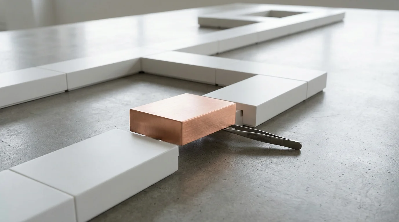 Copper modular block being slotted into an established pathway of white pieces, symbolizing habit linking.