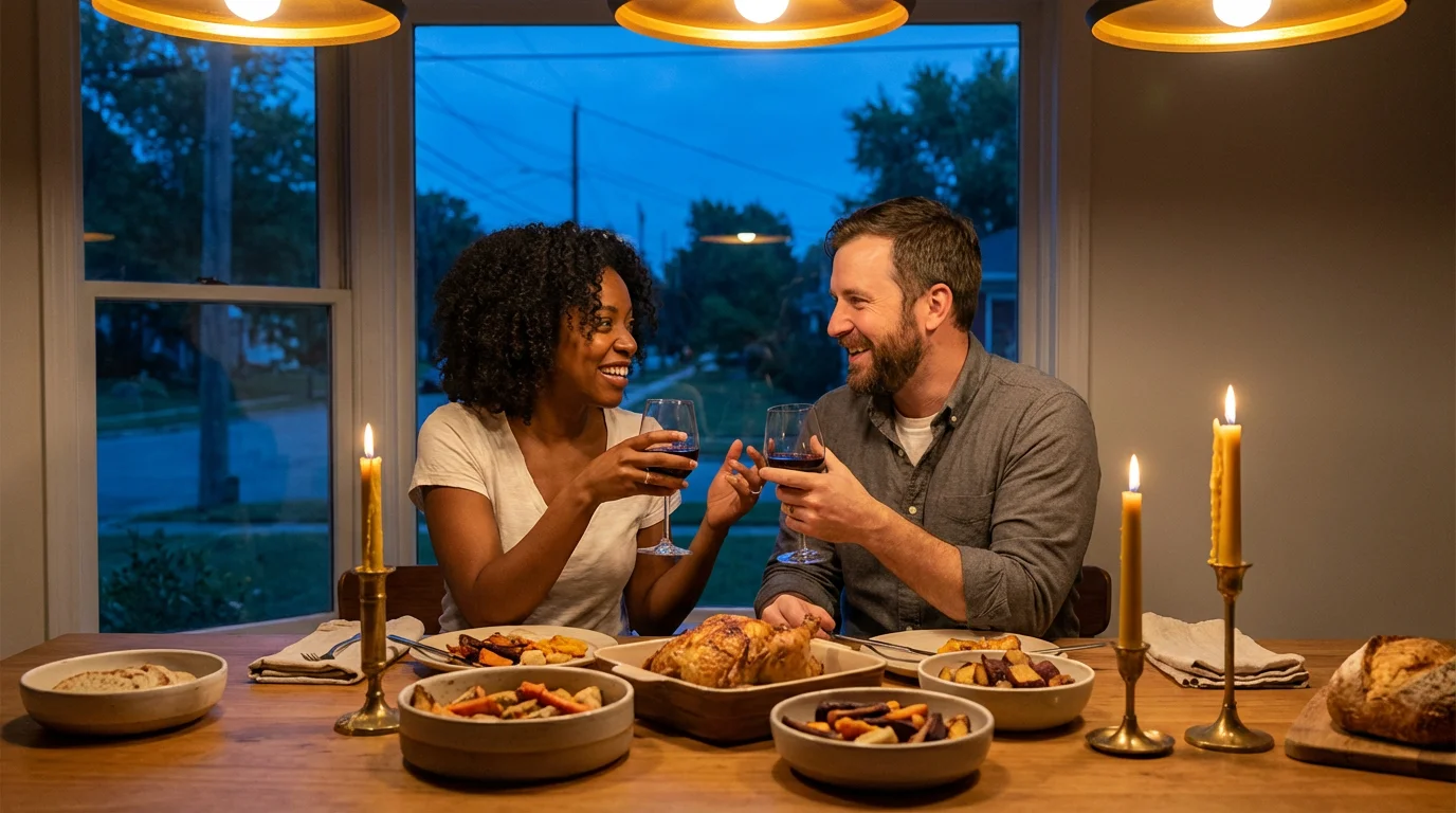 Couple engaging in conversation at a dinner table without phones during the blue hour.