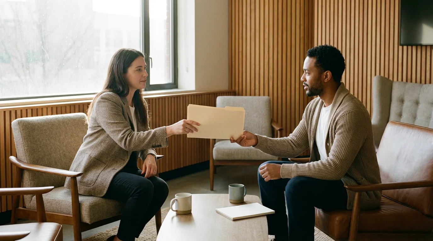 Coworkers discussing delegation in a sunlit modern office lounge area.