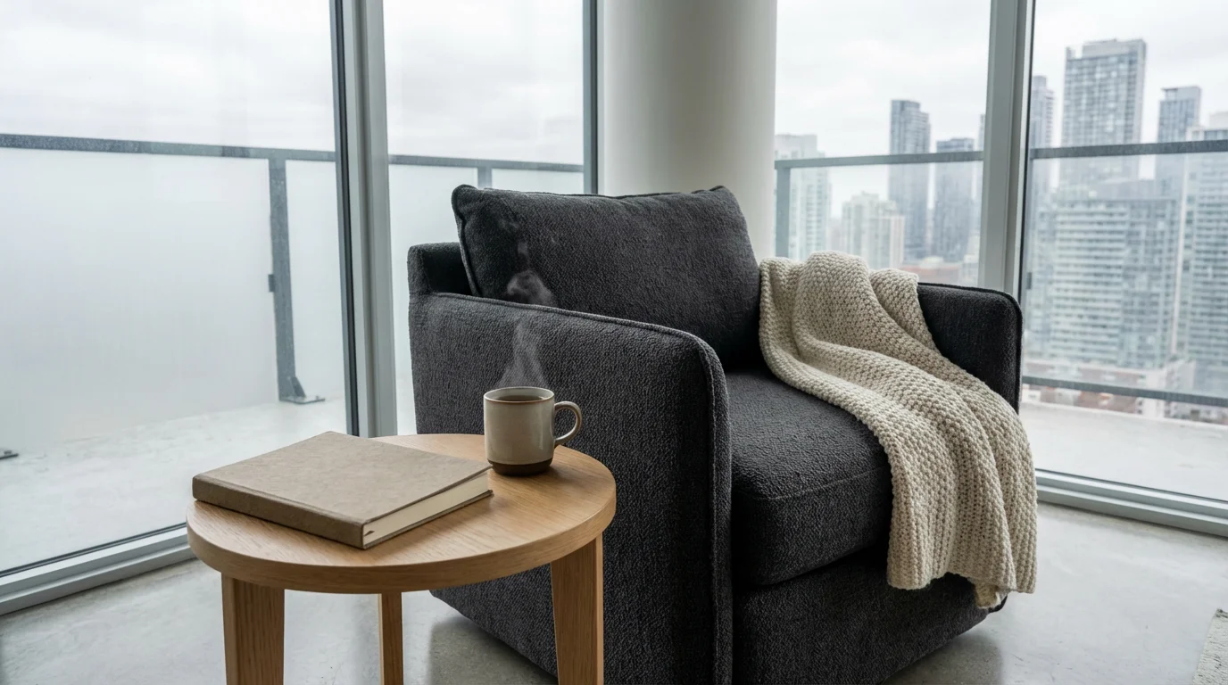 Cozy, minimalist evening journaling routine setup featuring an armchair, journal, and steaming mug.