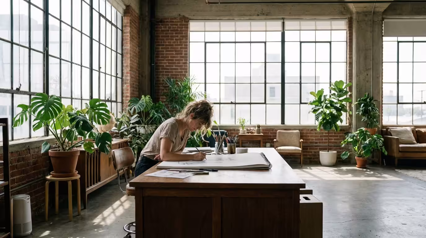 Creative professional deeply focused on work in a sunlit modern studio loft.