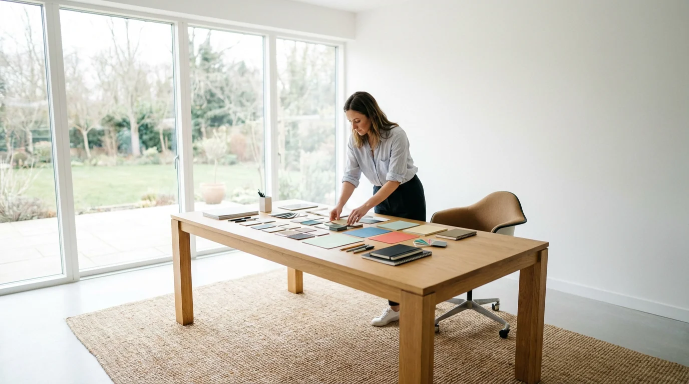 Creative professional organizing a minimalist workspace in a sunlit studio.